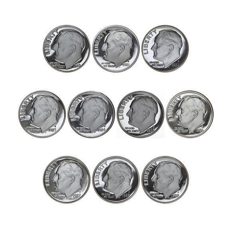 1980-1989 S Proof Roosevelt Dime Run CN-Clad 10 Coins