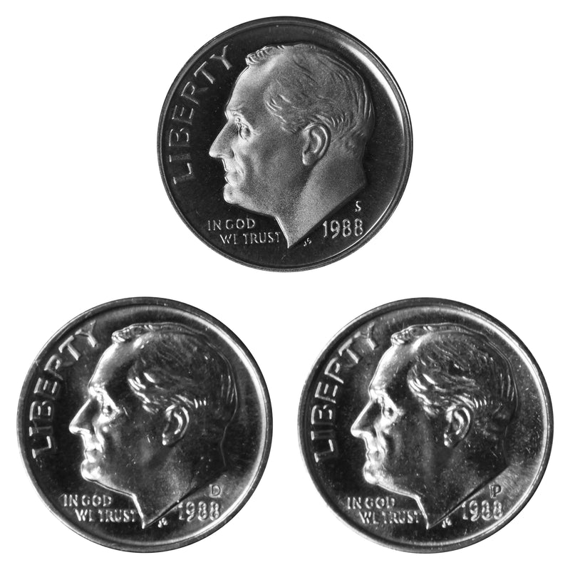 1988 P D S Roosevelt Dime 10c Year set Proof & BU US 3 Coin lot