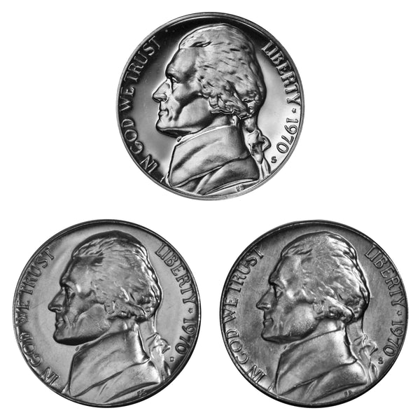 1970 D S S Jefferson Nickel 5c Year set Proof & BU US 3 Coin lot