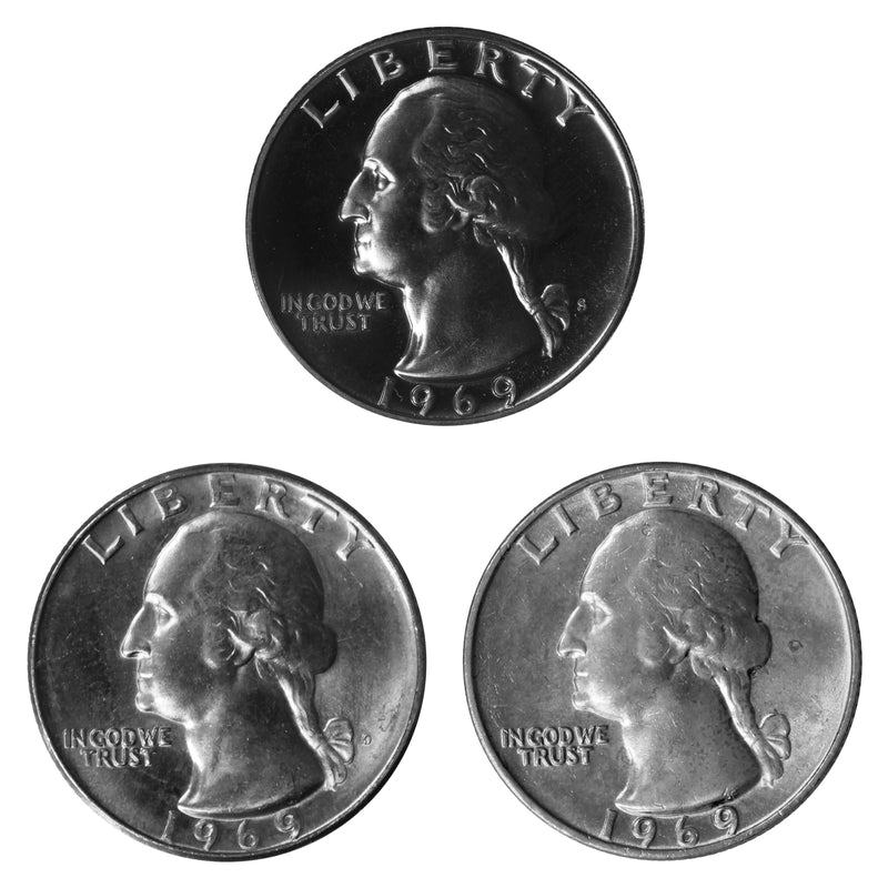 1969 P D S Washington Quarter 25c Year set Proof & BU US 3 Coin lot