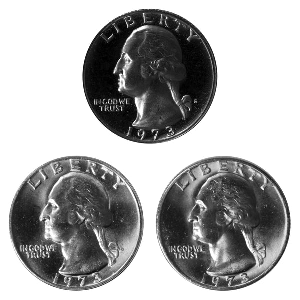 1973 P D S Washington Quarter 25c Year set Proof & BU US 3 Coin lot
