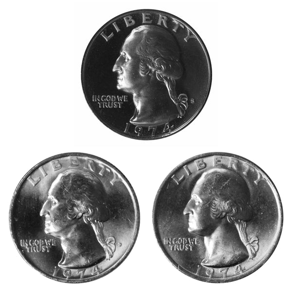 1974 P D S Washington Quarter 25c Year set Proof & BU US 3 Coin lot