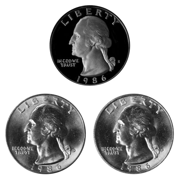 1986 P D S Washington Quarter 25c Year set Proof & BU US 3 Coin lot