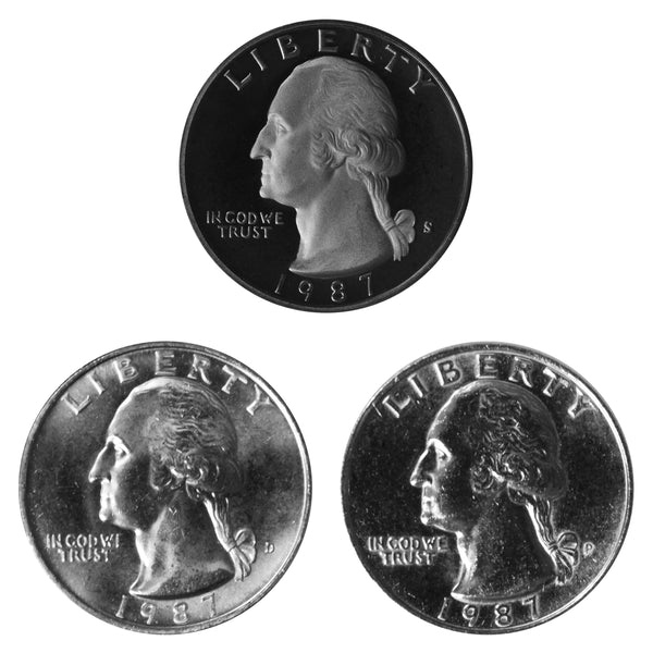 1987 P D S Washington Quarter 25c Year set Proof & BU US 3 Coin lot