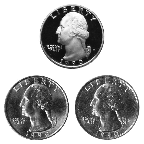 1990 P D S Washington Quarter 25c Year set Proof & BU US 3 Coin lot