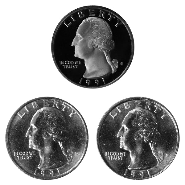 1991 P D S Washington Quarter 25c Year set Proof & BU US 3 Coin lot