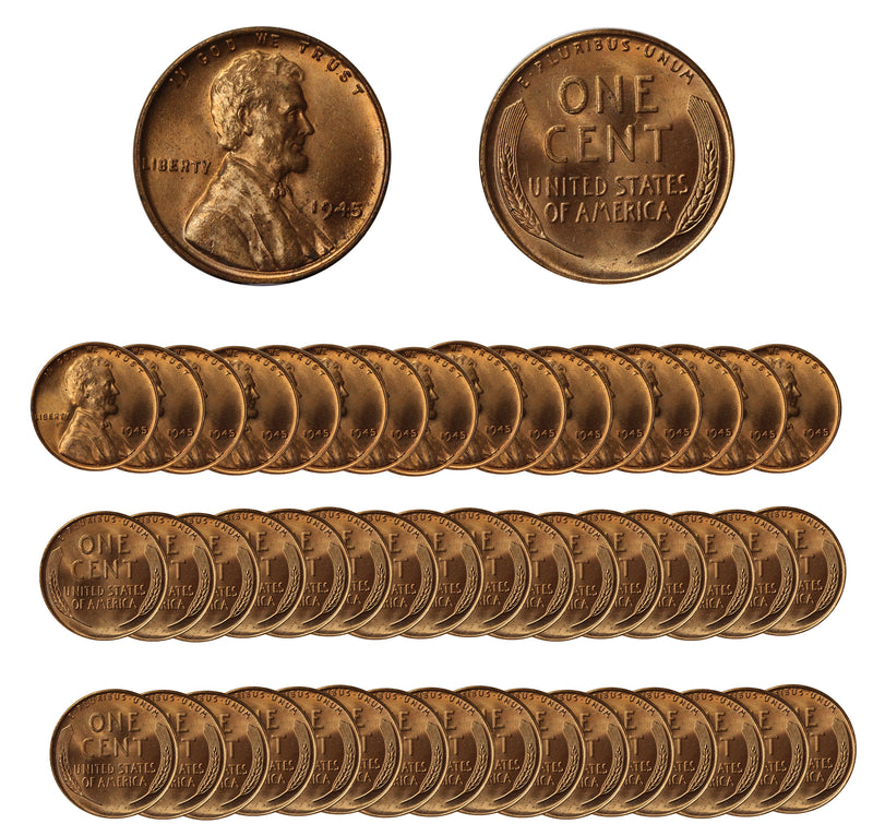 1945 P Lincoln Wheat Cent Choice/Gem BU Roll (50 Coins)