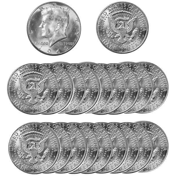 1969 D Kennedy Half Dollar Choice BU Roll 40% Silver (20 Coins)