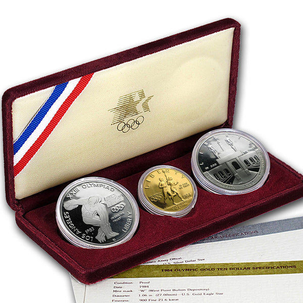 1983-84 Olympic Dollars Proof Commemorative 3 Coin Set 90% Silver & Gold OGP