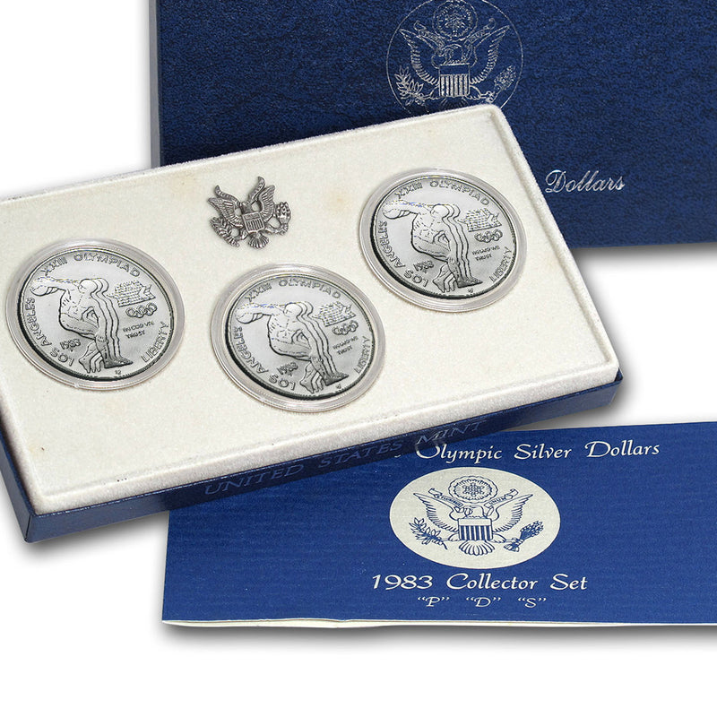 1983 Olympic Dollars Uncirculated Commemorative 3 Coin Set 90% Silver OGP