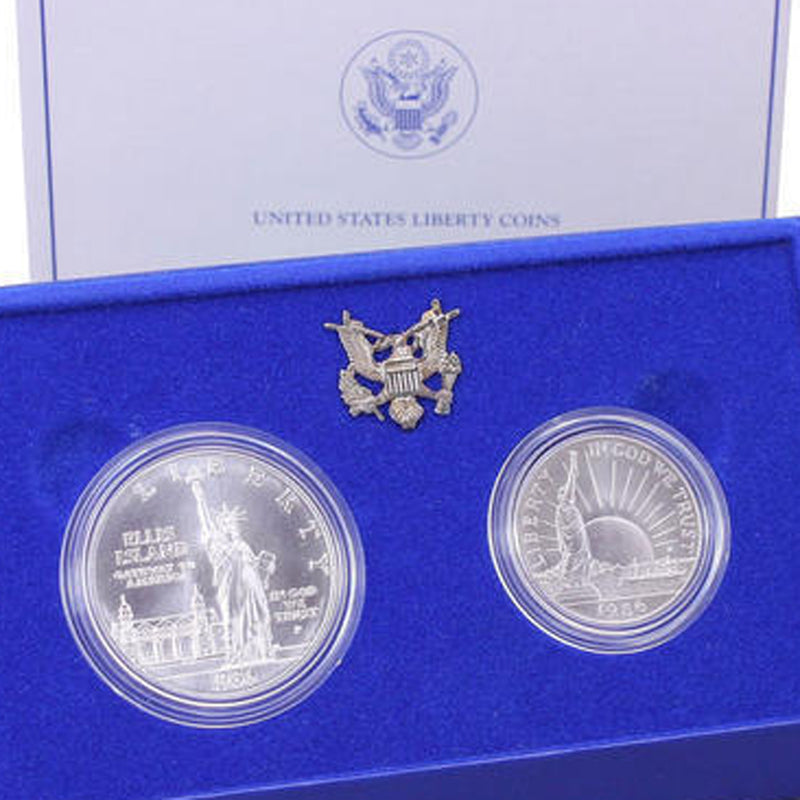 1986 Statue of Liberty Uncirculated Commemorative 2 Coin Set 90% Silver & Clad OGP