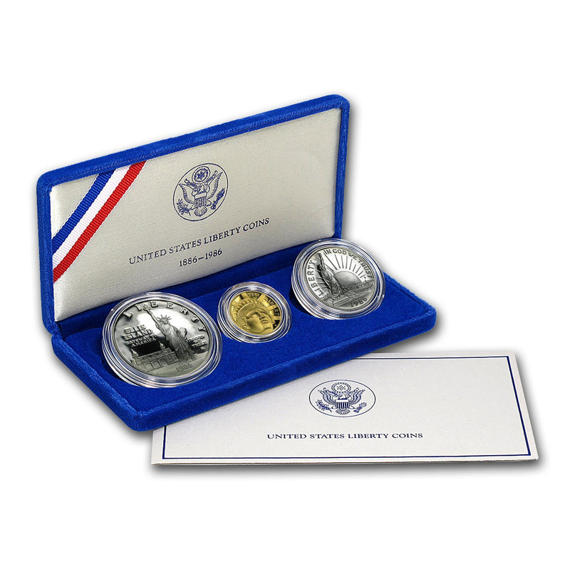1996 Statue of Liberty Proof Commemorative 3 Coin Set 90% Silver, Gold & Clad OGP