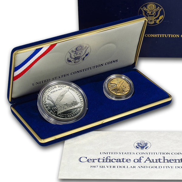 1987 Constitution Uncirculated Commemorative 2 Coin Set 90% Silver & Gold OGP