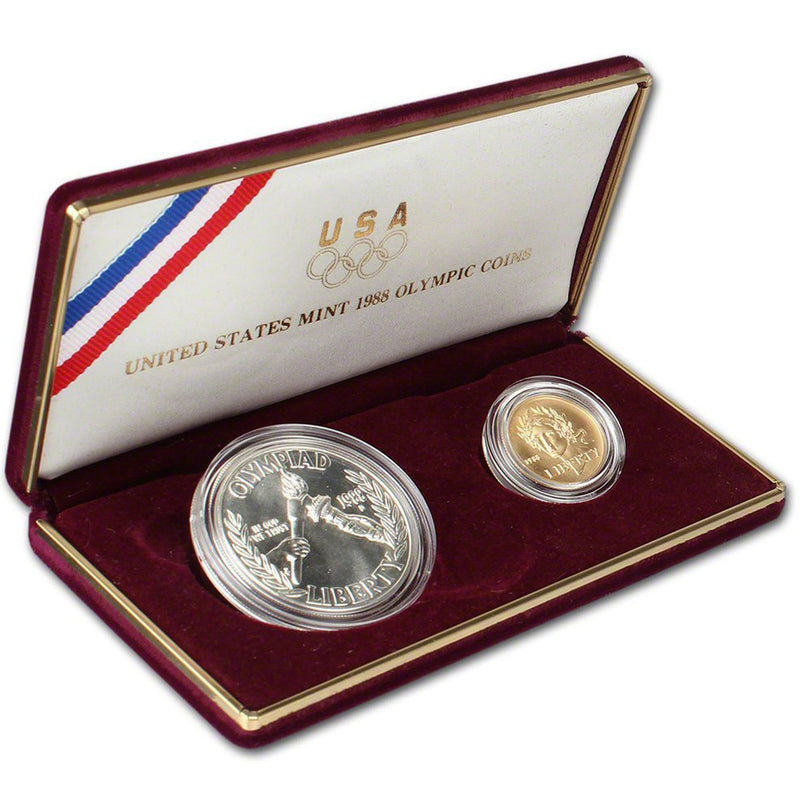 1988 Olympic Uncirculated Commemorative 2 Coin Set 90% Silver & Gold OGP