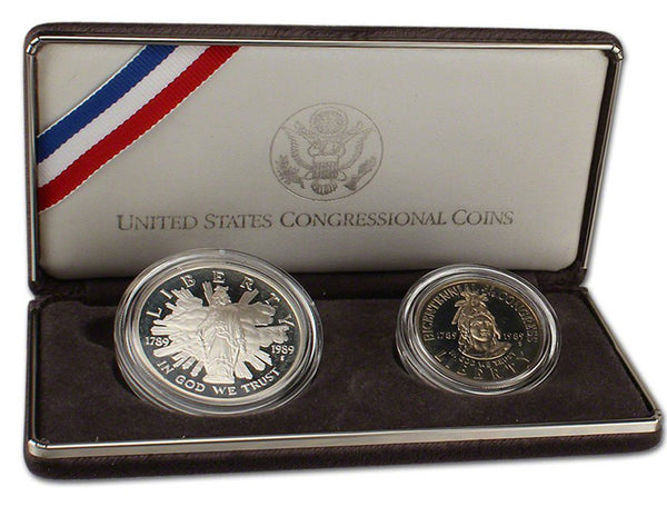 1989 Congressional Proof Commemorative 2 Coin Set 90% Silver & Clad OGP