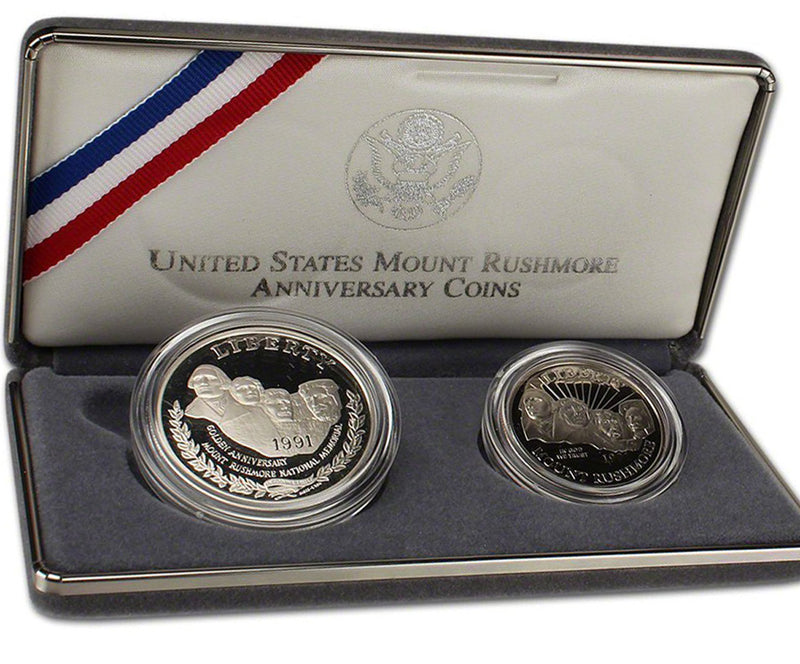 1991 Mt Rushmore Proof Commemorative 2 Coin Set 90% Silver & Clad OGP