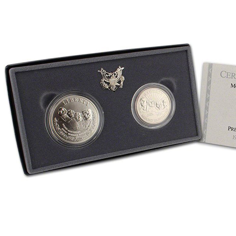 1991 Mt Rushmore Uncirculated Commemorative 2 Coin Set 90% Silver & Clad OGP