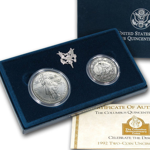 1992 Columbus Uncirculated Commemorative 2 Coin Set 90% Silver & Clad OGP