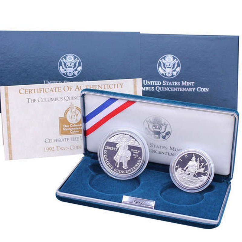 1992 Columbus Proof Commemorative 2 Coin Set 90% Silver & Clad OGP
