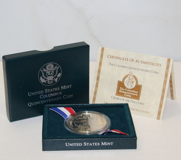 1992-D Columbus Uncirculated Commemorative Dollar 90% Silver OGP