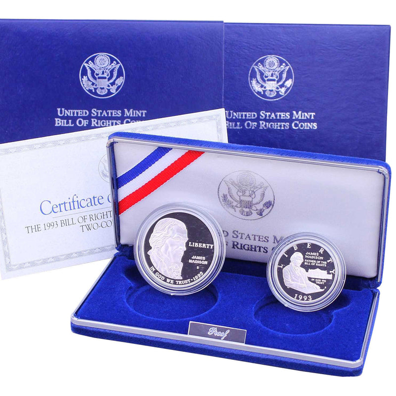 1993 Bill of Rights Proof Commemorative 2 Coin Set 90% Silver & Clad OGP