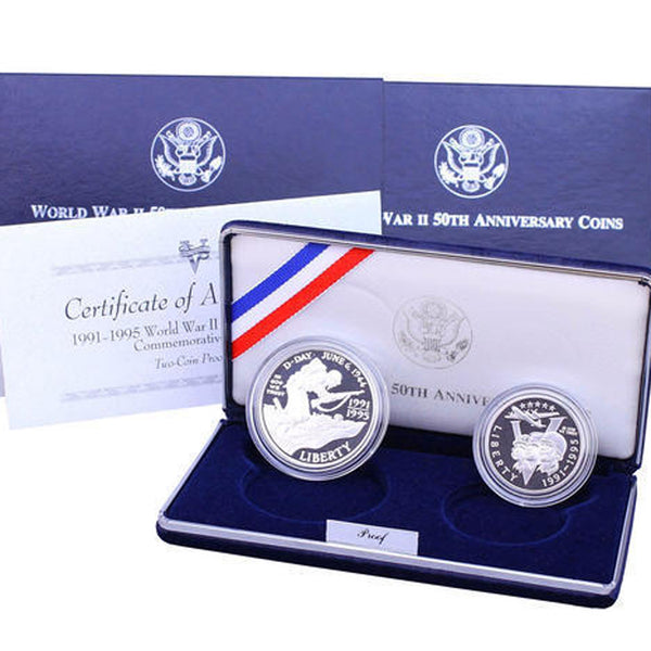 1993 WWII Proof Commemorative 2 Coin Set 90% Silver & Clad OGP
