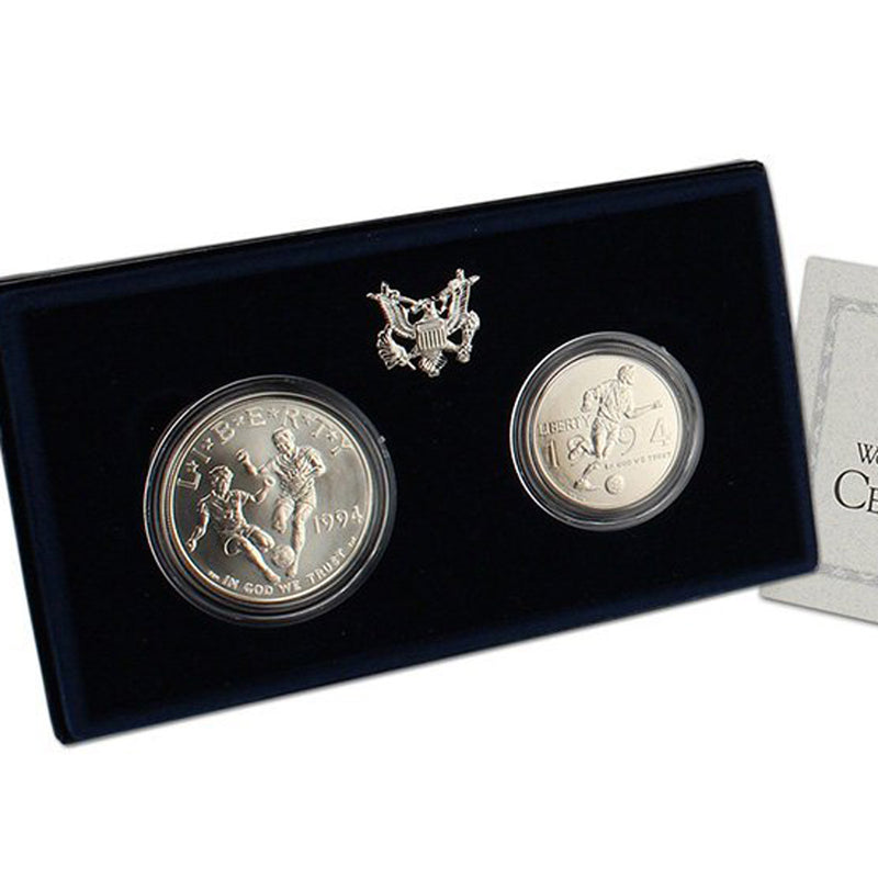 1994 World Cup Uncirculated Commemorative 2 Coin Set 90% Silver & Clad OGP