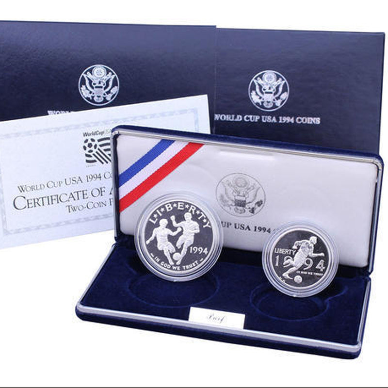 1994 World Cup Proof Commemorative 2 Coin Set 90% Silver & Clad OGP
