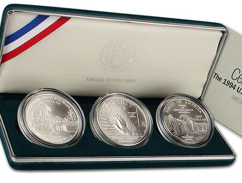 1994 Veterans Dollars Uncirculated Commemorative 3 Coin Set 90% Silver OGP