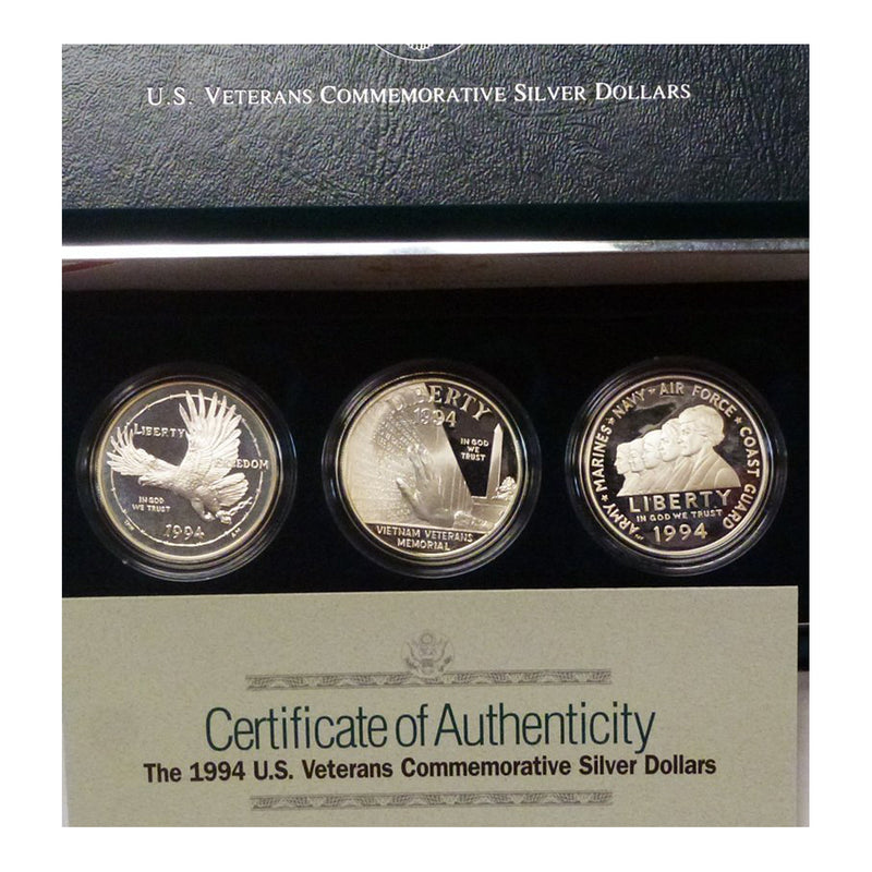 1994 Veterans Dollars Proof Commemorative 3 Coin Set 90% Silver OGP