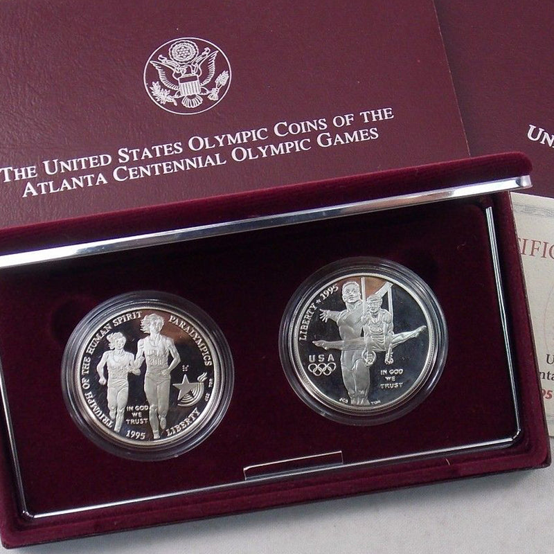 1995 Olympic Gymnast & Blind Runner Proof Commemorative 2 Coin Set 90% Silver OGP