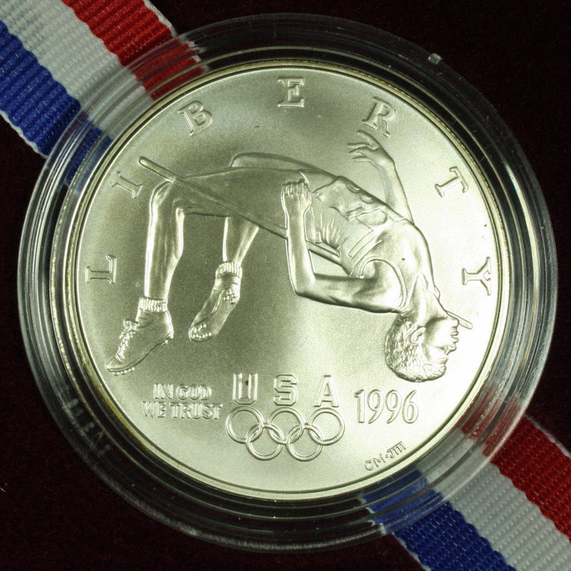 1996-D Olympic High Jump Uncirculated Commemorative Dollar 90% Silver OGP