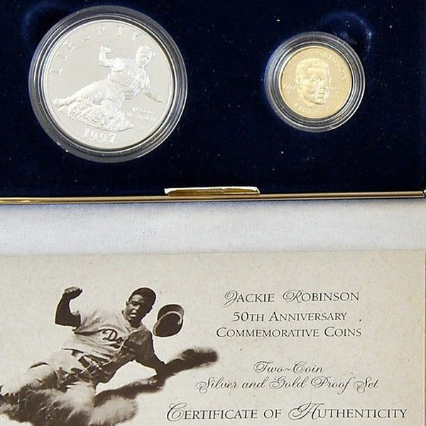 1997 Jackie Robinson Proof Commemorative 2 Coin Set 90% Silver & Gold OGP