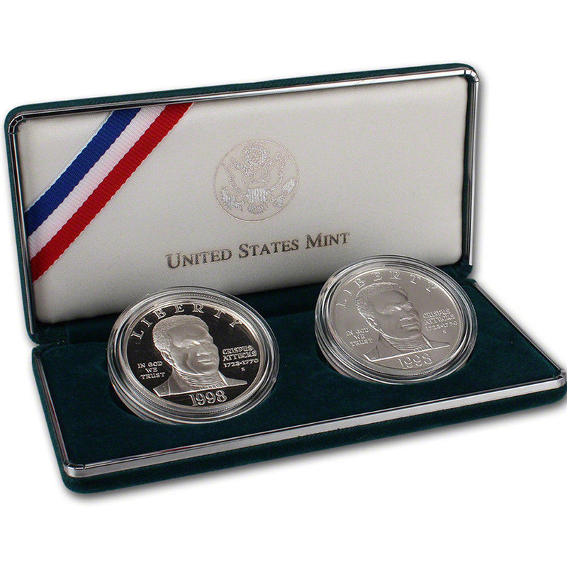 1998 Black PatriotsP roof & Uncirculated Commemorative 2 Coin Set 90% Silver OGP