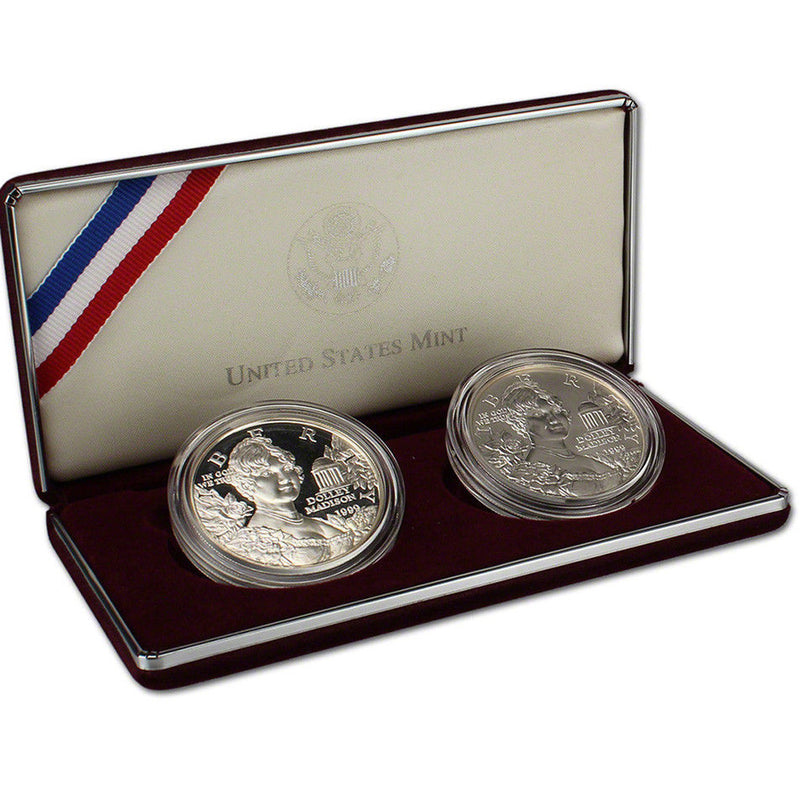 1999 Dolley Madison Proof & Uncirculated Commemorative 2 Coin Set 90% Silver OGP