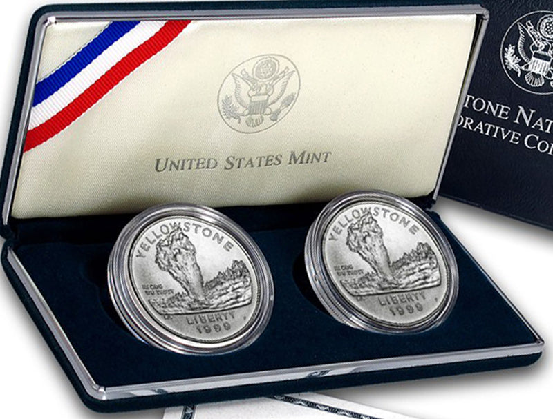 1999 Yellowstone Proof & Uncirculated Commemorative 2 Coin Set 90% Silver OGP
