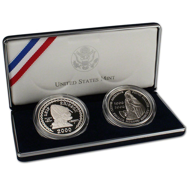 2000 Leif Ericson & Iceland 1000 Kr Proof Commemorative 2 Coin Set 90% Silver OGP