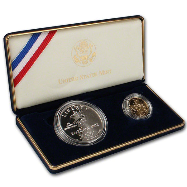 2002 SLC Winter Olympics Proof Commemorative 2 Coin Set 90% Silver & Gold OGP