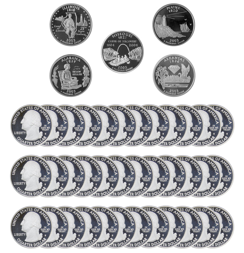 2003 S State Quarter Proof Roll Gem Deep Cameo 90% Silver (40 Coins)