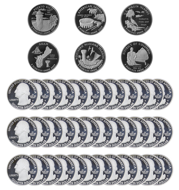 2009 S Territories & DC Quarter Gem Deep Cameo Proof Roll 90% Silver (40 Coins)