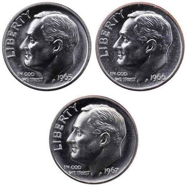 1965-1967 SMS Roosevelt Dime Run CN-Clad 3 Coins