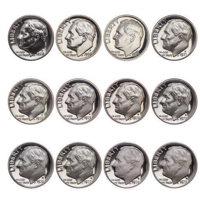 1968-1979 S Proof Roosevelt Dime Run CN-Clad 12 Coins