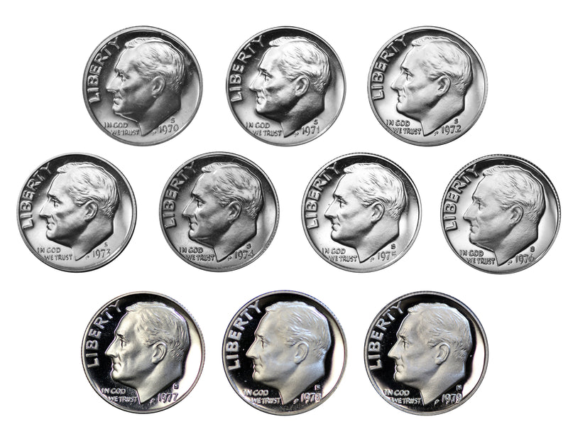 1970-1979 S Proof Roosevelt Dime Run CN-Clad 10 Coins