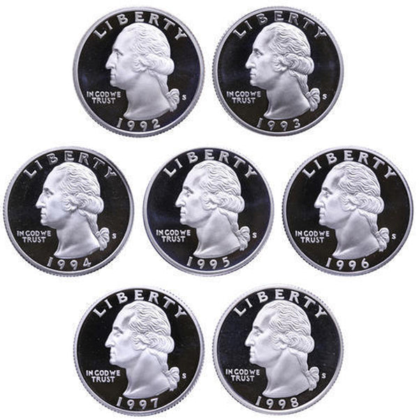 1992-1998 S Proof Washington Quarter Run 90% Silver 7 Coins