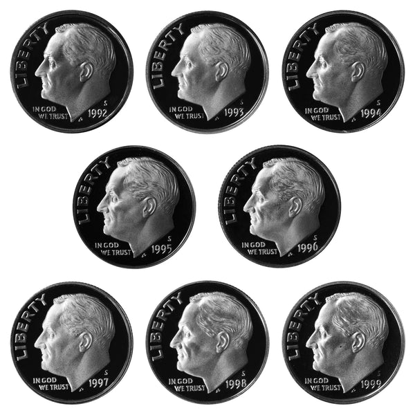 1992-1999 S Proof Roosevelt Dime Run 90% Silver 8 Coins