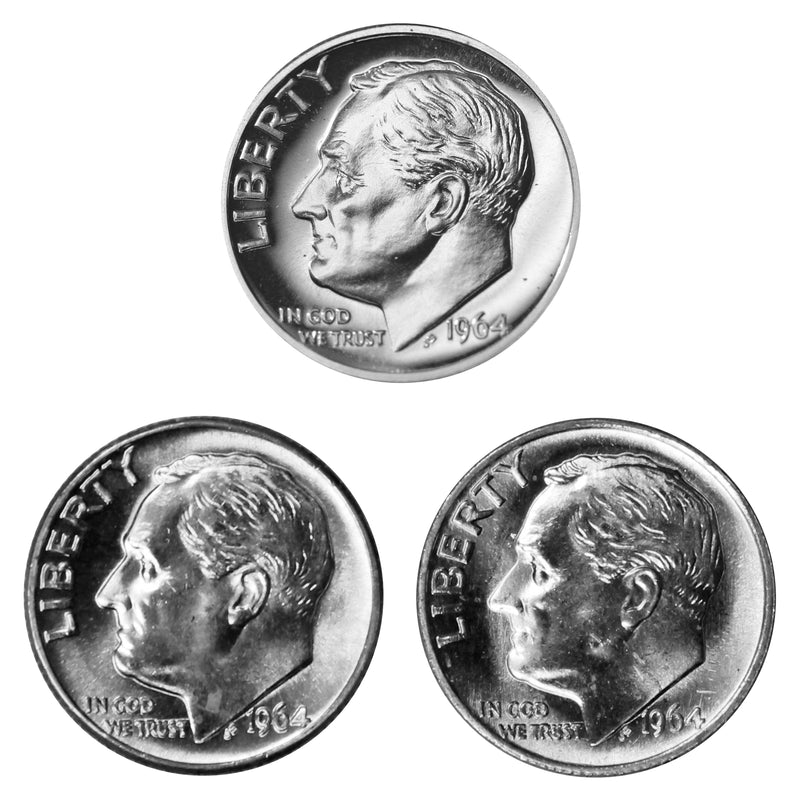 1964 P P D Roosevelt Dime 10c Year set Proof & BU US 3 Coin lot