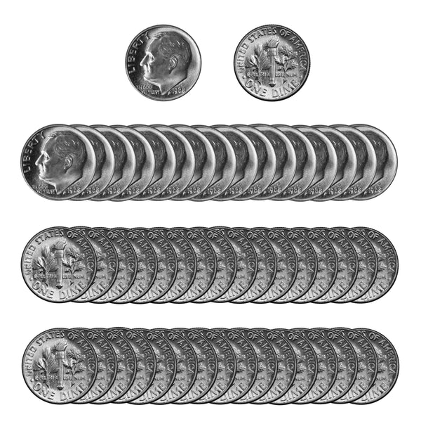 1968 -D Roosevelt Dime Roll BU Clad 50 US Coins