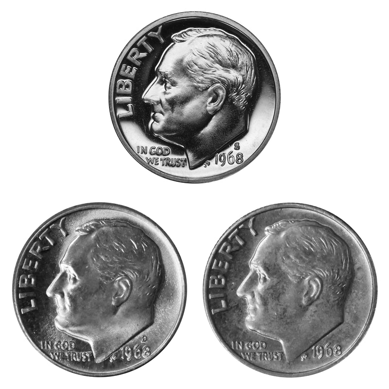 1968 P D S Roosevelt Dime 10c Year set Proof & BU US 3 Coin lot