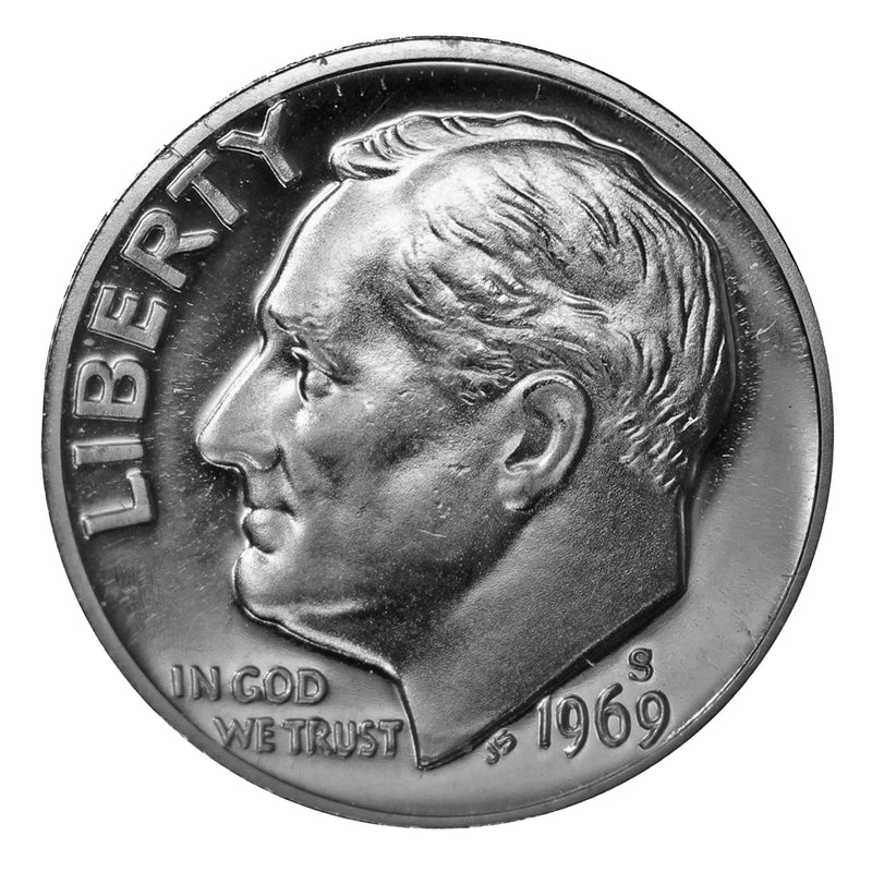 1969 S Roosevelt Dime Gem Proof CN-Clad Roll (50 Coins)