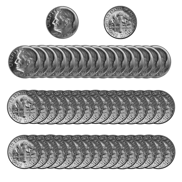 1969 -D Roosevelt Dime Roll BU Clad 50 US Coins